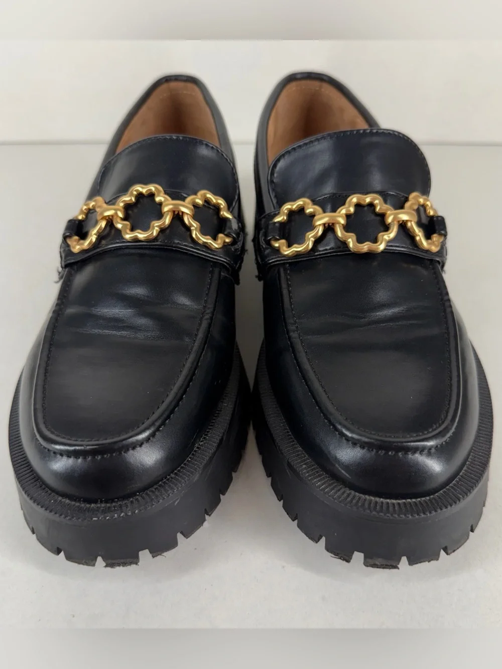 Y2K Loafers Womens Sam & Libby Black Chunky Lug Sole Gold Floral Chain